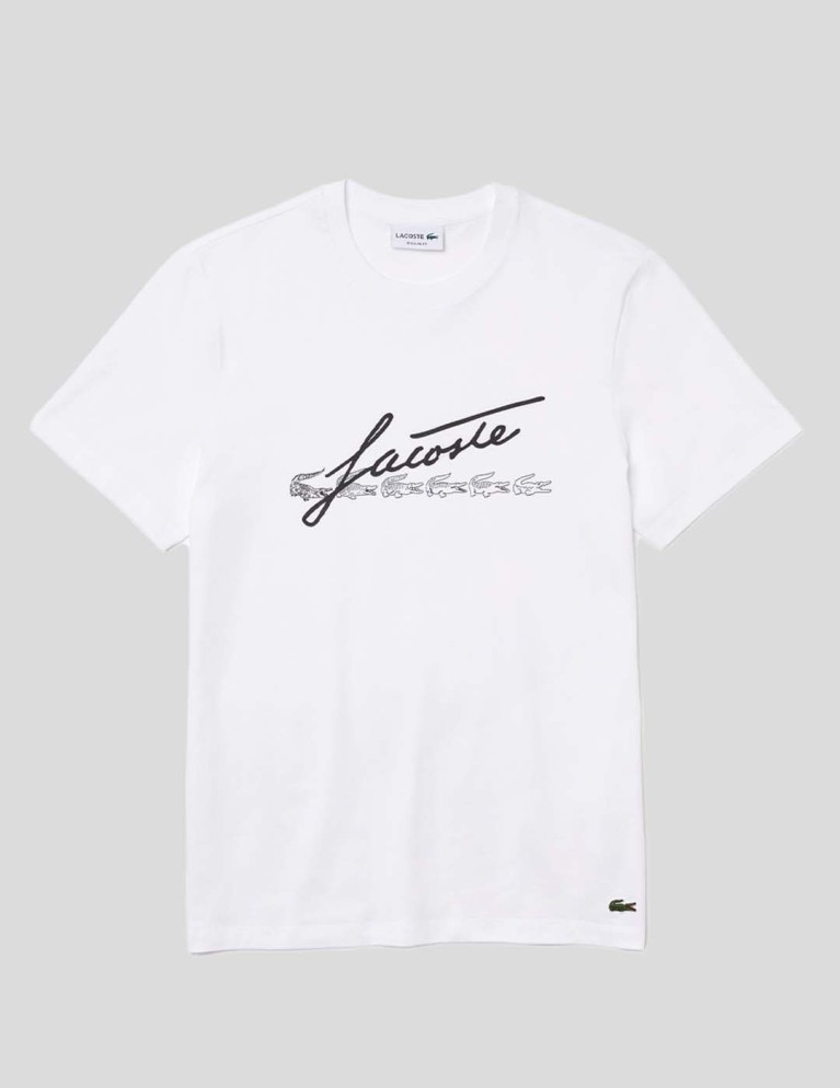 T-shirt LACOSTE signature and crocodile print tee blanc